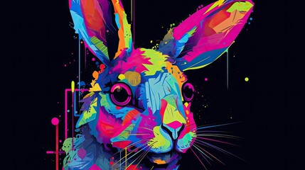 Canvas Print - Colorful abstract Cyberpop animal rabbit  painting geometric style. Isolated black background Generative AI painted