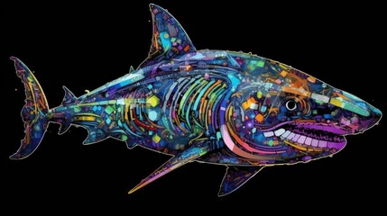 Wall Mural - Colorful abstract Cyberpop animal shark  painting geometric style. Isolated black background Generative AI