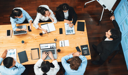 Poster - wide top view project manager planning schedule for business task at meeting room, gantt chart time 