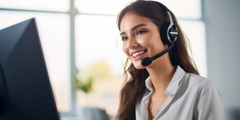 Poster - Young woman working in a call center with a headset.