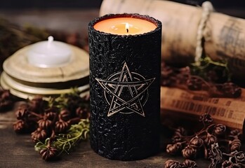 Wall Mural - Black candle with pentagram