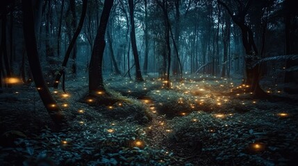 Wall Mural - fireflies in night forest