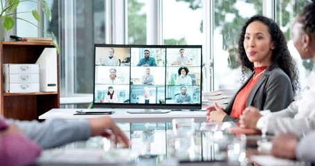 Aufkleber - Video call, conference and office greeting online on computer screen with company group. Professional, wave and welcome on a onboarding team conversation with digital communication of workforce