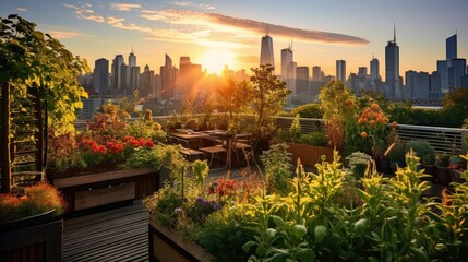 Wall Mural - A thriving urban rooftop garden in the heart of the city. Generative AI