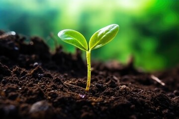 Green plants sprouting in soil close-up isolated on background.