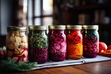 Rolled Jars With Chopped And Pickled Cabbage, Carrots, Beets, Spices And Herbs.