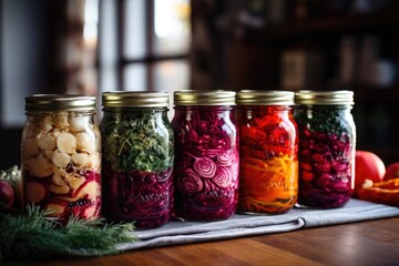 Wall Mural - Rolled jars with chopped and pickled cabbage, carrots, beets, spices and herbs.