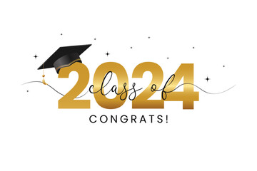 Wall Mural - Class of 2024, word lettering script banner. Congrats Graduation lettering with academic cap. Template for design party high school or college, graduate invitations.