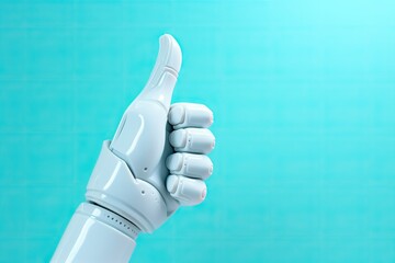High detailed robot hand thumb up isolated on bright blue background. Robotic mechanical arm or hand looks as like a human. Cybernetic organism with Artificial Intelligence. Futuristic design concept