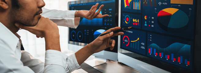 Poster - analyst working on data analysis or bi dashboard on computer monitor. business team analyzing financ