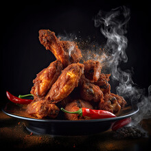 Smoking Hot Chicken Wings Piled On Plate With Chili Peppers And Smoke Rising Created With Generative AI Technology