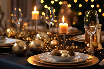 Elegant table setting with candles in restaurant. Selective focus. Romantic dinner setting with candles on table in restaurant.