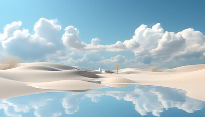 realistic landscape background with white clouds on blue sky over sand dunes in the desert