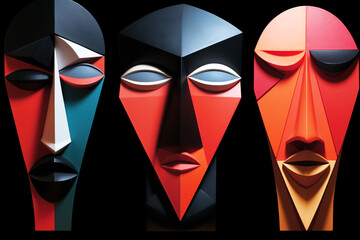 Wall Mural - Three abstract geometric faces isolated on a black background. Bold, vivid constructs. Emotion