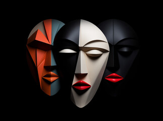 Wall Mural - Three abstract geometric faces isolated on a black background. Bold, vivid constructs. Emotion