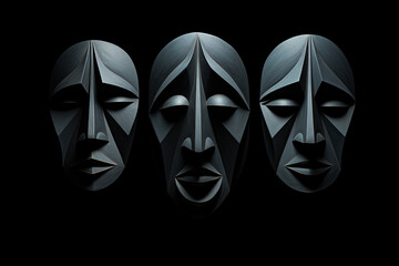 Wall Mural - Three abstract geometric faces isolated on a black background. Bold, vivid constructs. Emotion