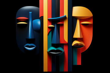 Wall Mural - Three abstract geometric faces isolated on a black background. Bold, vivid constructs. Emotion