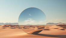 Abstract Modern Minimal Panoramic Background With Round Mirror In Desert Landscape With Sand Dunes