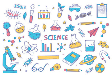 science doodles set, cartoon elements, clip art isolated on white background for stickers, planners,