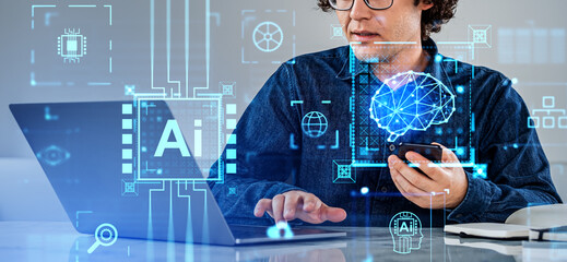 Poster - Man with smartphone and laptop in office, AI brain hologram