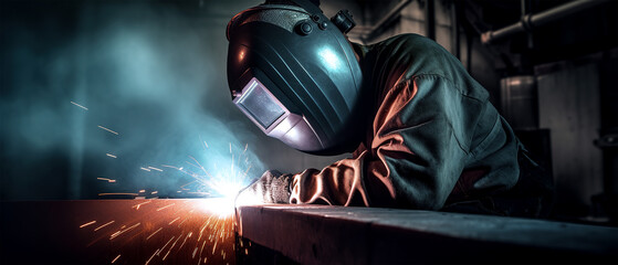 welder is welding metal , industry them bokeh and sparkle background