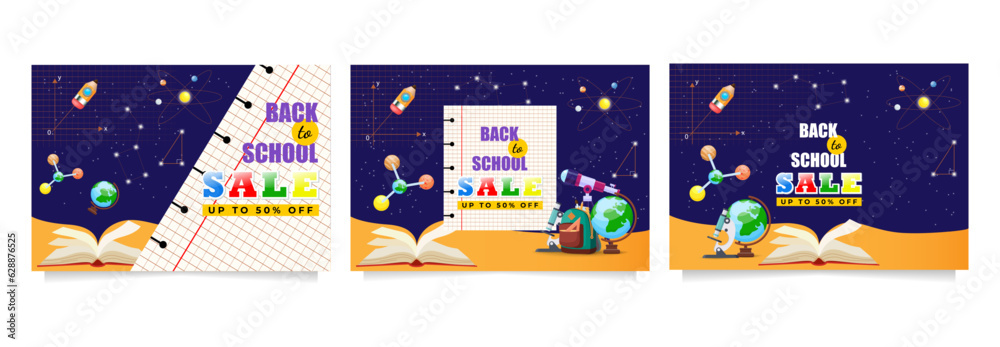 Back to school sale vector banners set with educational items, planets ...