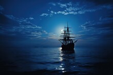 Night Landscape With Pirate Ship, Full Moon In The Sky. Generative AI