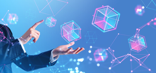 Poster - businessman finger touch data blocks in cyberspace and virtual reality