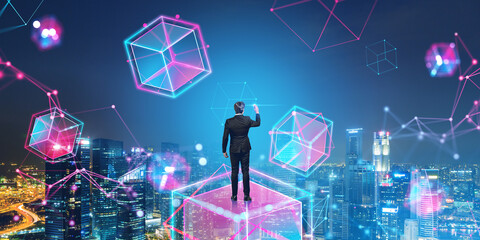 Poster - businessman standing on a big glowing cube, cyberspace and techn