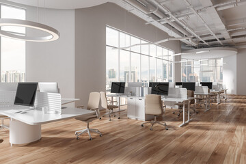 Wall Mural - White open space office corner with round and rectangular tables