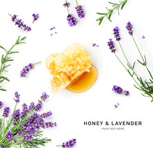 Honey Drop, Honeycomb And Lavender Flowers Isolated On White Background.
