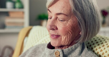 Poster - Senior woman, old face and thinking closeup at retirement home feeling relax and calm on sofa. Living room, elderly female person and happy with peace in a house on a lounge couch with mindfulness