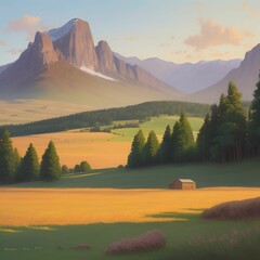 Sticker - AI generated illustration of an oil painting of a house in front of a majestic mountain range