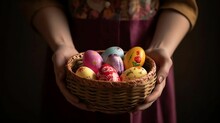 AI-generated Illustration Of A Woman Holding A Basket Of Vibrant Easter Eggs.