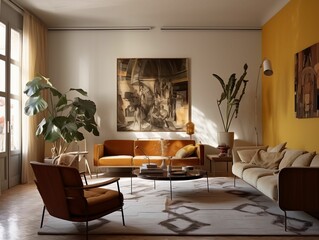 Wall Mural - Illustration of the living room features a polished wooden floor and furniture