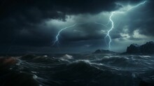 An Animated Depiction Of A Stormy Sea With Lightning Coming Out