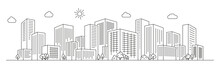 City Landscape. Line Urban Backdrop. Skyline With Clouds, Different Buildings On Street, Doodle Street Draw, Outline Cityscape Hand Sketch, Flat Houses. Outline Graphic. Vector Background