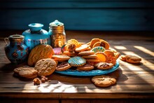 A Platter Of Assorted Cookies And Crackers On A Wooden Table