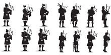 Set Of Scottish Man Bagpipers In Traditional Dress Silhouette Vector On White Background