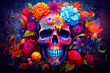 Catrina skull in colorful bright flowers for Mexican Day of Dead, dia de los Muertos. Generative AI