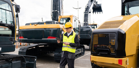 Aufkleber - Engineer in a helmet with a digital tablet stands next to construction excavators