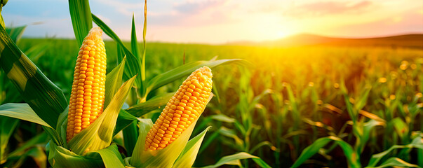 Corn cobs in corn plantation field.