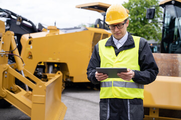 Engineer with digital tablet next to road construction machine