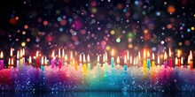 Multicolored Birthday Candles With Bokeh Lights And Confetti On Background .candles With Confetti..