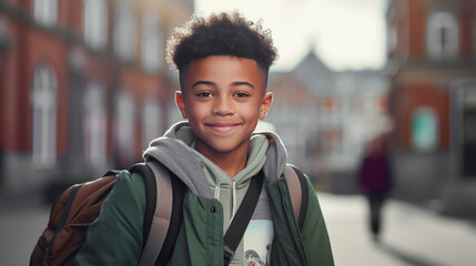 Happy dark skinned african american schoolboy with backpack