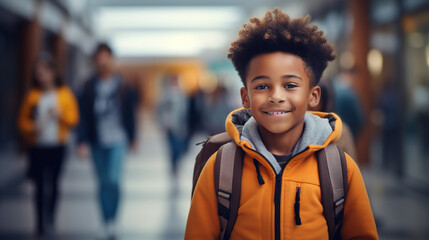 Happy dark skinned african american schoolboy with backpack