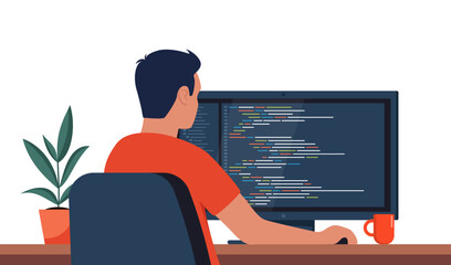 Poster - Young man writing code on a desktop computer. Software developer at work. Programming coding script java, digital program code on monitor screen. Vector illustration.
