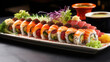 A poster photo featuring a long plate of assorted Sushi , Background, Food Photography, Generative Ai