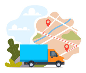 Cargo logistics transportation concept. Cargo truck transport on a background of the map with red pins. Vector.