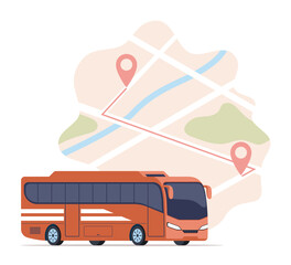 Tour bus and map with traffic navigation route location marker scheme. Vector flat illustration for passenger traffic service.